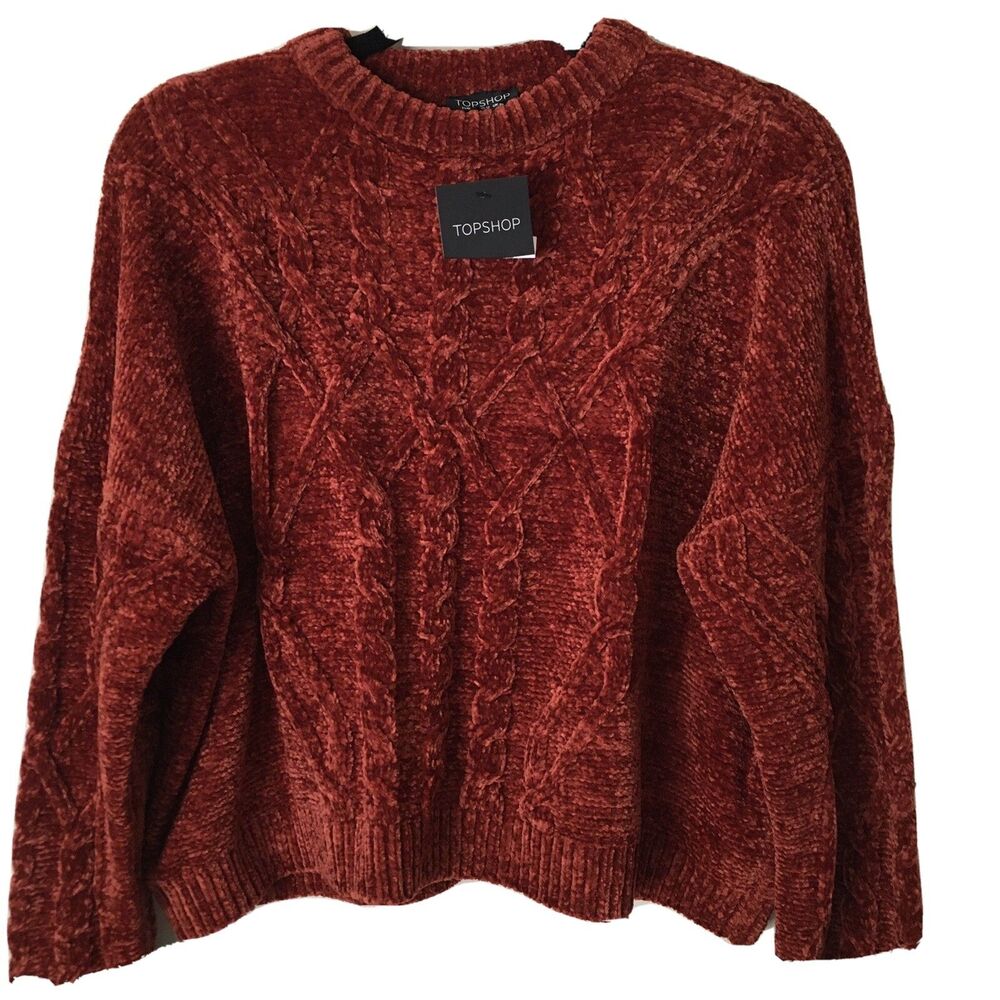 Topshop Chenille Cable Knit Sweater 8 Brown Orange Chunky Soft Cozy